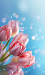 Wall Mural - Beautiful flowers tulips on a blue background. Generative AI.