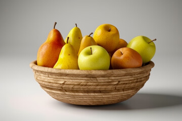 Poster - Wooden bowl filled with lots of different types of apples and pears. Generative AI.