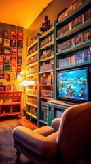 Wall Mural - Retro game room, room for playing classic video games, 80s and 90s. Arcade machines, game consoles, nostalgic decor. Generative AI