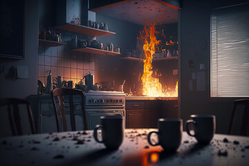 Fire burning in kitchen next to two coffee mugs on table. Generative AI.