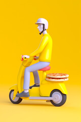 Poster - Man riding yellow scooter with pizza on the back. Generative AI.