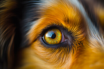 Poster - Close up of dog's eye with yellow and black fur. Generative AI.