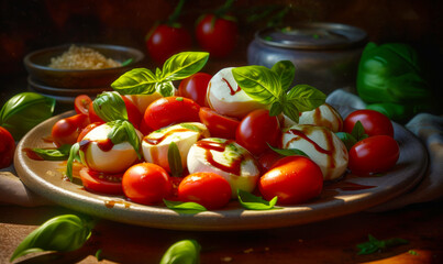 Sticker - Plate of mozzarella and cherry tomatoes with basil leaves on them. Generative AI.