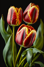 Image Of Three Red And Yellow Tulips On Black Background. Generative AI.