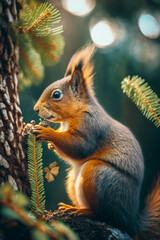 Sticker - Squirrel is standing on its hind legs and eating branch of tree. Generative AI.