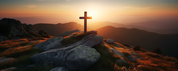 religious christian cross crucifixion on top of mountain at sunset. Generative AI illustration