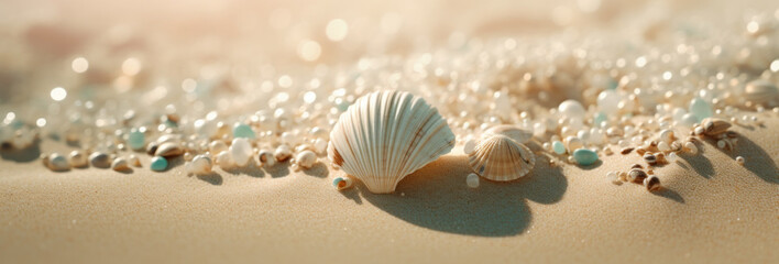 Many pearly seashells and natural pearls on a sandy beach, perfect for summer vacations Ai generative.