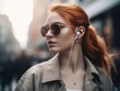 © Matyfiz - A lifestyle image of a stylish and fashionable Caucasian woman, sporting trendy wireless earbuds, walking confidently on a busy city street. Generative AI