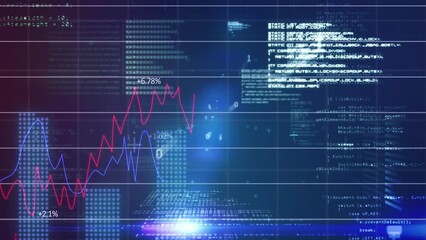 Sticker - Animation of binary coding, statistical data processing and light spots against blue background