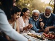 © Matyfiz - close - up shot of a multi - generational family laughing and sharing a meal together on a picnic blanket in a peaceful. Generative AI