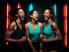 Photo Of High - Energy Image Of Three Enthusiastic Friends Having A Great Time In A Vibrant Sports Studio. Generative AI