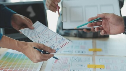ux Graphic designer creative sketch planning application process development prototype wireframe for web mobile phone . User experience concept.
