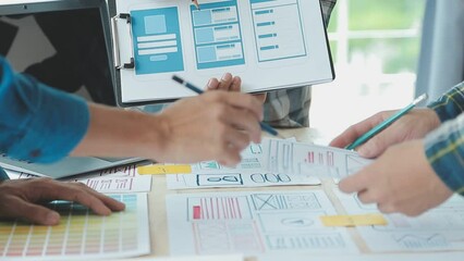 ux Graphic designer creative sketch planning application process development prototype wireframe for web mobile phone . User experience concept.