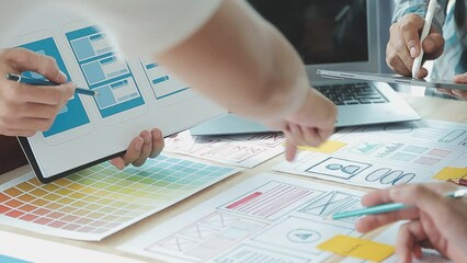 ux Graphic designer creative sketch planning application process development prototype wireframe for web mobile phone . User experience concept.