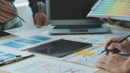 ux Graphic designer creative sketch planning application process development prototype wireframe for web mobile phone . User experience concept.