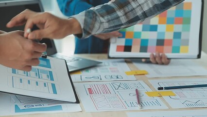 ux Graphic designer creative sketch planning application process development prototype wireframe for web mobile phone . User experience concept.