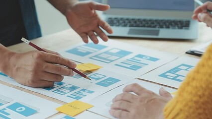 ux Graphic designer creative sketch planning application process development prototype wireframe for web mobile phone . User experience concept.
