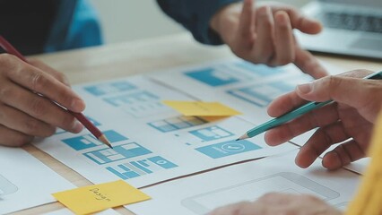 ux Graphic designer creative sketch planning application process development prototype wireframe for web mobile phone . User experience concept.