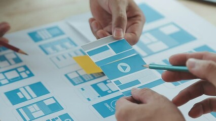 ux Graphic designer creative sketch planning application process development prototype wireframe for web mobile phone . User experience concept.