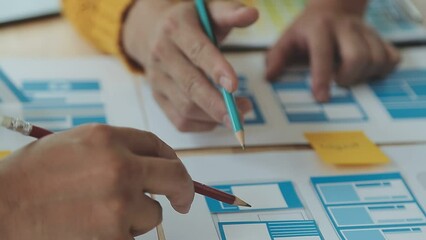 ux Graphic designer creative sketch planning application process development prototype wireframe for web mobile phone . User experience concept.