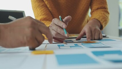 ux Graphic designer creative sketch planning application process development prototype wireframe for web mobile phone . User experience concept.