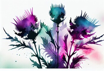 Wall Mural - Gradient Watercolor Background with Abstract Thistle Design, generative AI