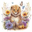 lion cub character in flowers in watercolor style Generative AI