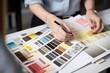 © VICHIZH - sample designer choice selection project design house color palette swatch interior. Generative AI.