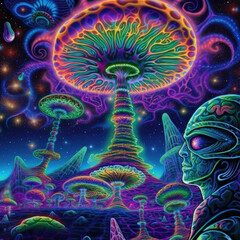 Wall Mural - trippy psychedelic new age mushrooms - by generative ai