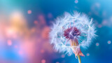 Fototapeta Dmuchawce - beautiful faded dandelion with seeds on gradient blue green blurred background with space for text, generative ai
