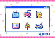 Pixel Art Anime Girls Cute Set. 8bit Retro Style Sexy, Romantic, Hot And Cute Young Girls Or Women. Lips, Neck, Eyes, Face, Chest, Butt, Bikini, Summer Swimsuit. Pack Of Avatars, Stickers Or Badges.