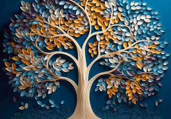 3d wallpaper abstract of colorful floral tree decor, red and sephia fantasy background. decorative w