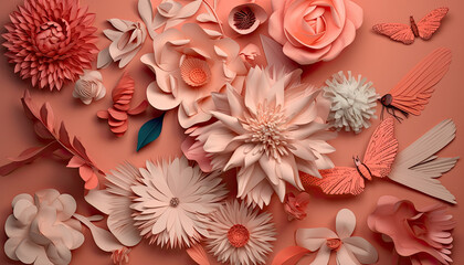 Wall Mural - 3d paper flowers arranged on a pink background for wall decor. Generative AI