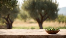 Wooden Table Top Product Stand On Blur Farm Of Olive Trees Background From Generative AI