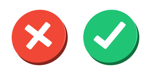 check mark icon 3D button set. check box icon with right and wrong buttons and yes or no checkmark icons in green tick box and red cross. 3D vector illustration