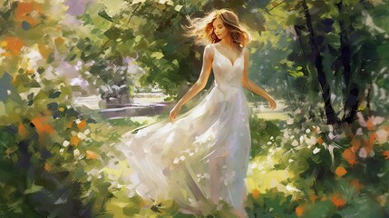 Painting of Happy bride in wedding dress smiling in garden wedding magic realism, Generative AI