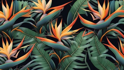 Seamless pattern, tropical strelitzia flowers, palm leaves in green color. 3d vintage illustration, dark background, premium texture, art. Luxury wallpaper, dark mural, cloth, curtains, Generative AI