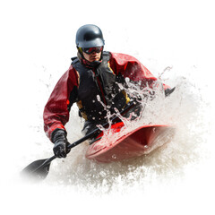 Man in kayaking with water splash on white background