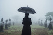 Back of woman wear all in black with umbrella on cemetery at rain foggy day.  Grieving widow.  Generative AI.