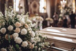 White coffin with a flower arrangement in church. Generative AI.