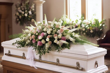 White Coffin With A Flower Arrangement In Church. Generative AI.