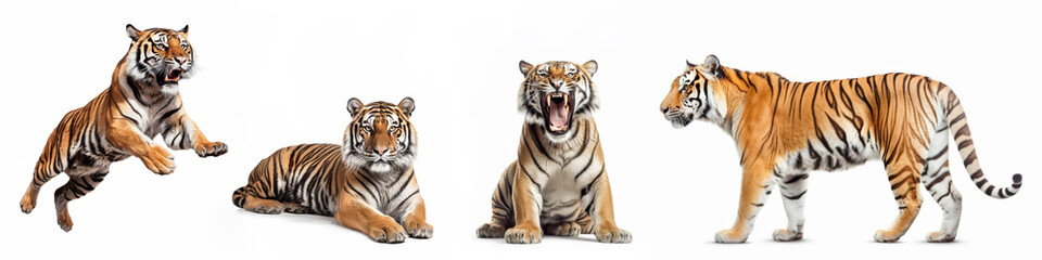 Wall Mural - Wildlife zoo safari africa tigers animals banner panorama long - Collection of standing, running, sitting, lying group of beautiful tiger, isolated on white background, Generative Ai
