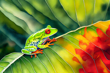 A vibrant generative ai illustration of a tropical red-eye frog, showcasing its bright colors and unique features