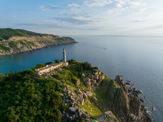 Aerial view of Dai Lanh lighthouse at Mui Dien, Phu Yen, Vietnam