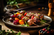 Grilled meat skewers, shish kebab with vegetables on wooden board. Good food. Delicious food