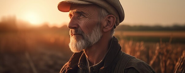 Banner portrait of a farmer standing in his field. Ai generative.