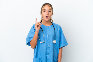 Wall Mural - Little caucasian girl disguised as surgeon isolated on white background thinking an idea pointing the finger up