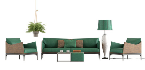 Wall Mural - Living room set with green sofa and armchairs on white