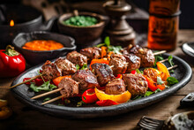 Grilled Meat Skewers, Shish Kebab With Vegetables On Wooden Board. Good Food. Delicious Food