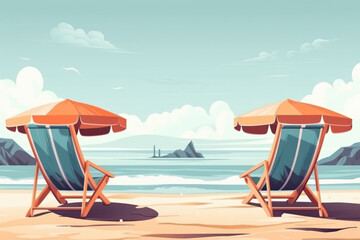 Sandy beach with beach chairs and an umbrella, inviting vacationers to soak up the sun and enjoy the beautiful scenery of the sea and sky, AI Generative.